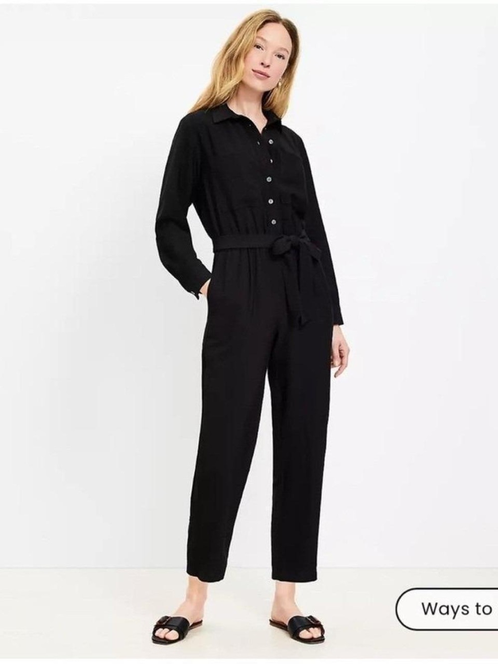 LOFT Black Long-Sleeve Tie-Waist Jumpsuit